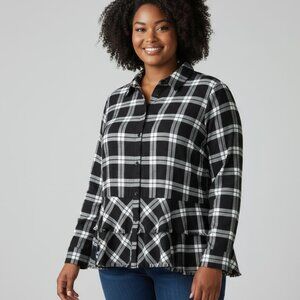 Joan Rivers black white flannel, Plus Size 22, tiered with/ raw hem long sleeves